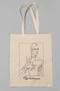 Na szarym tle beżowa, ekologiczna torba. Na torbie w czarnym kwadracie rysowanym kreską jest Dama z labradorem i biała laską 