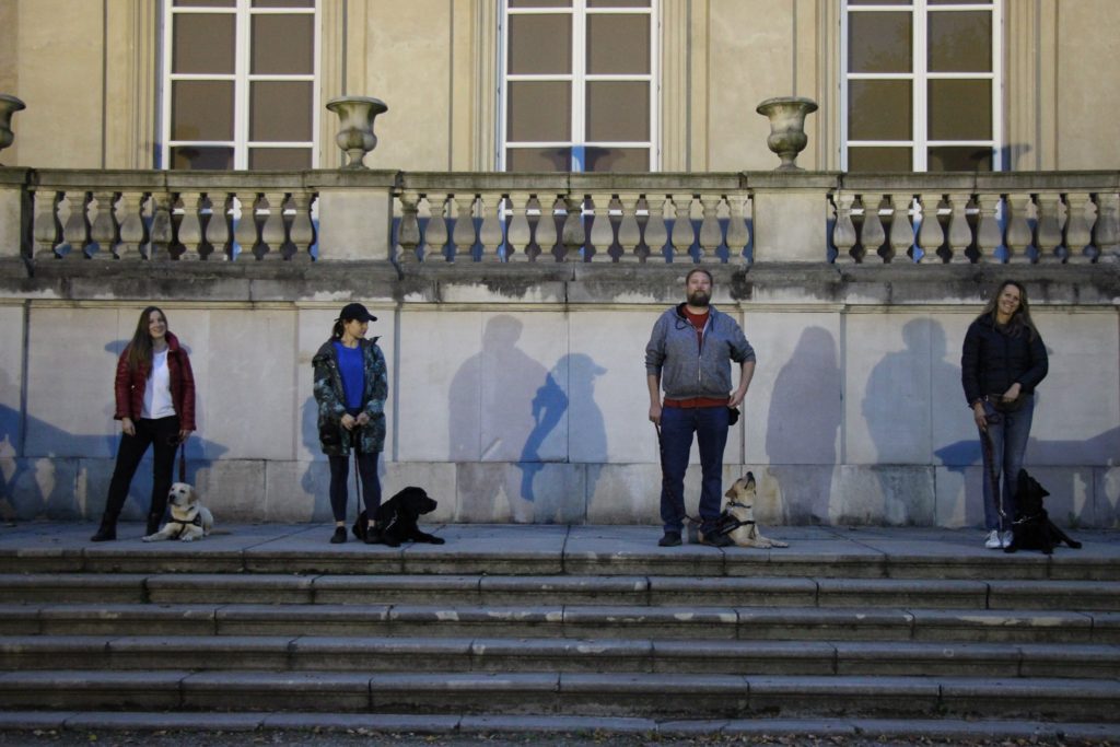 Czwórka wolontariuszy z psami pozuje na zabytkowych schodach na tyłach Królikarni. Pieski siedzą przy ich lewej nodze. 